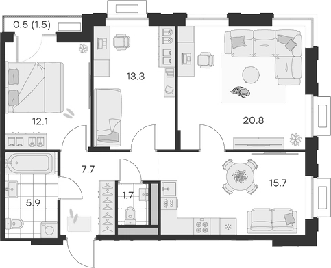 3-комн., 77.2 м², 3/4 этаж, ЖК «Михалевич»