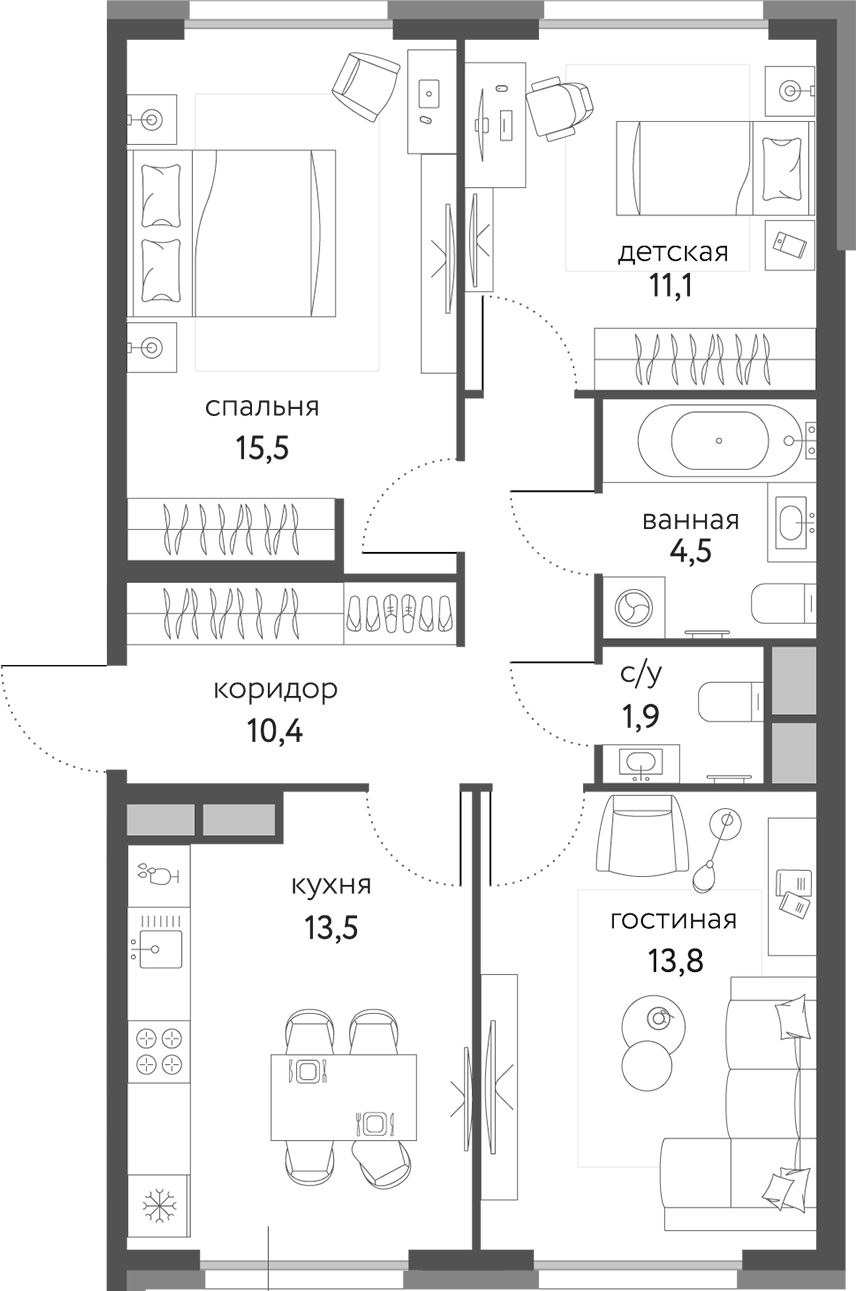 3-комн., 72.5 м², 8/10 этаж, ЖК «Сиреневый парк»
