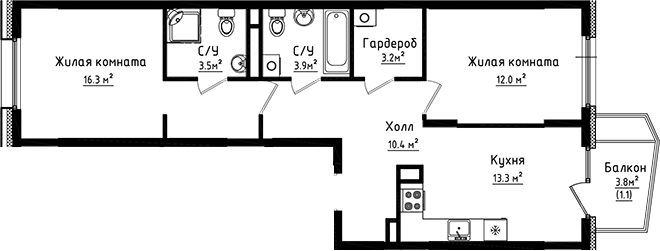 2-комн., 62.6 м², 7/8 этаж, ЖК «Коллекция»