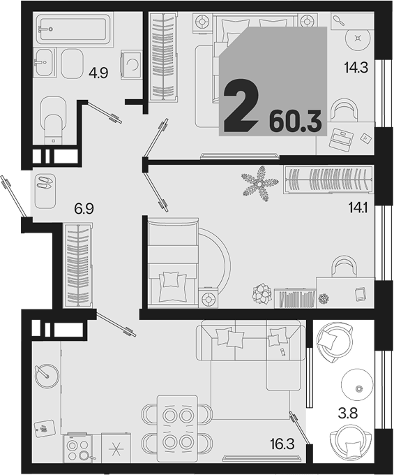 3-комн. квартира, 56.5 м² в ЖК Первое место — фото 2