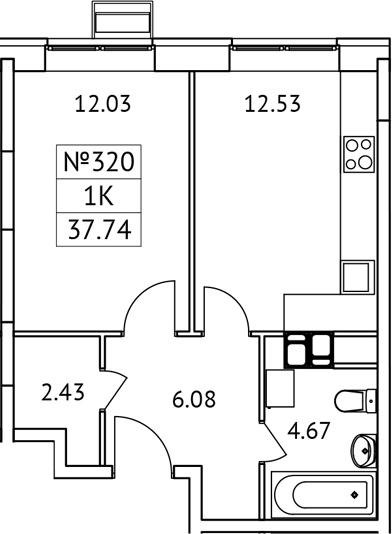 1-комн., 37.74 м², 9/17 этаж, ЖК «Новотомилино»