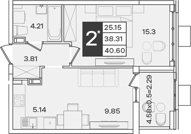 2-комн., 38.31 м², 6/9 этаж, ЖК «Сюжеты»