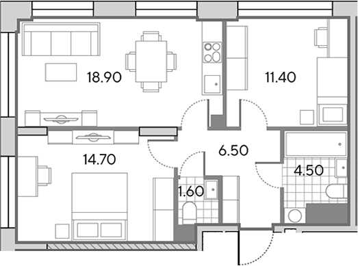 3-комн., 57.6 м², 16/30 этаж, ЖК «Вейв»