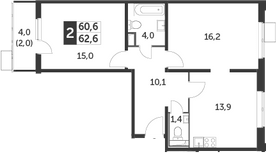 2-комн., 60.6 м², 19/20 этаж, ЖК «Южная Битца»
