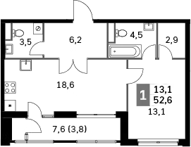2-комн., 47.6 м², 39/43 этаж, ЖК «Скай Гарден»