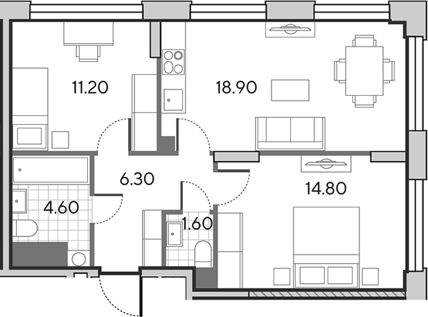 3-комн., 57.4 м², 12/30 этаж, ЖК «Вейв»