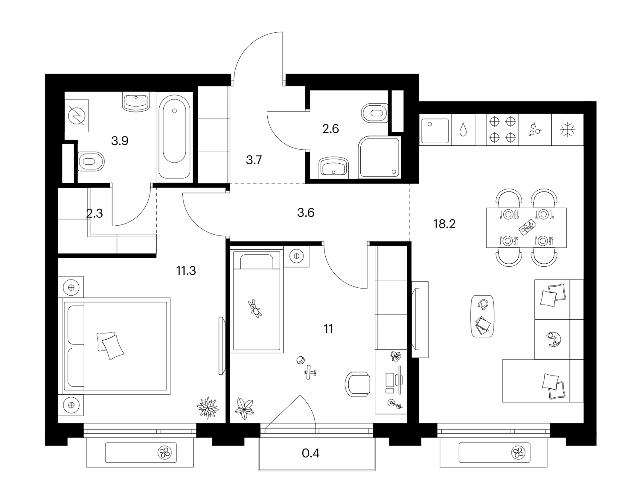 2-комн., 56.6 м², 3/17 этаж, ЖК «Белая Дача парк»