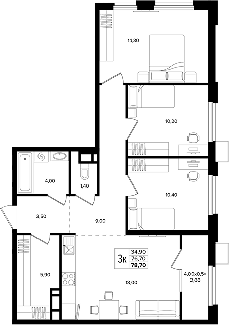 3-комн., 76.7 м², 11/15 этаж, ЖК «Лермонтов Парк»