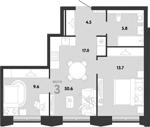 3-комн., 50.6 м², 15/29 этаж, ЖК «Страна.Заречная»