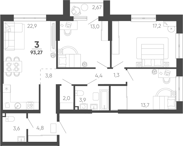 3-комн. квартира, 92.47 м² в ЖК Барса — фото 2