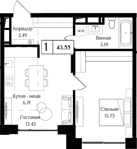 2-комн., 43.55 м², 13/17 этаж, ЖК «Преображенская площадь»