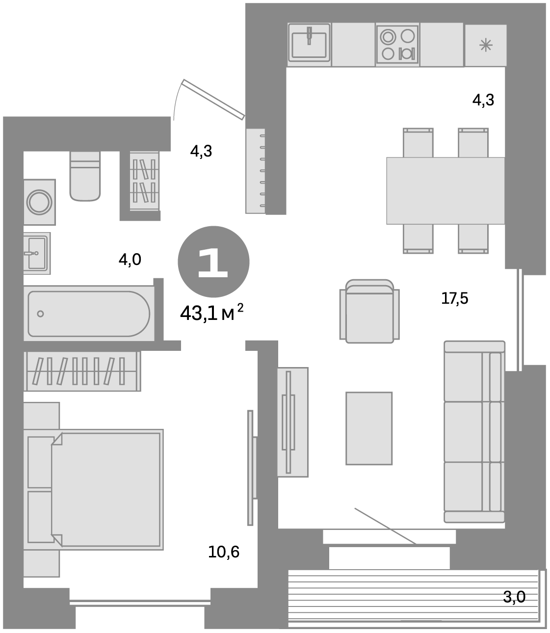 1-комн., 40.1 м², 4/9 этаж, ЖК «Метроном»