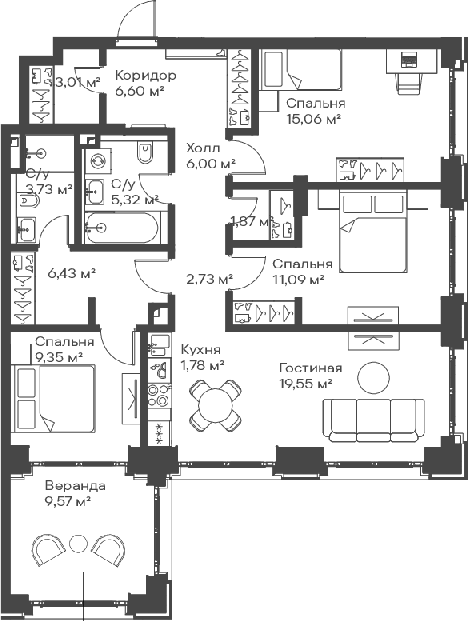 4+ комнаты, 92.62 м², 5/15 этаж, ЖК «Сити Бэй»