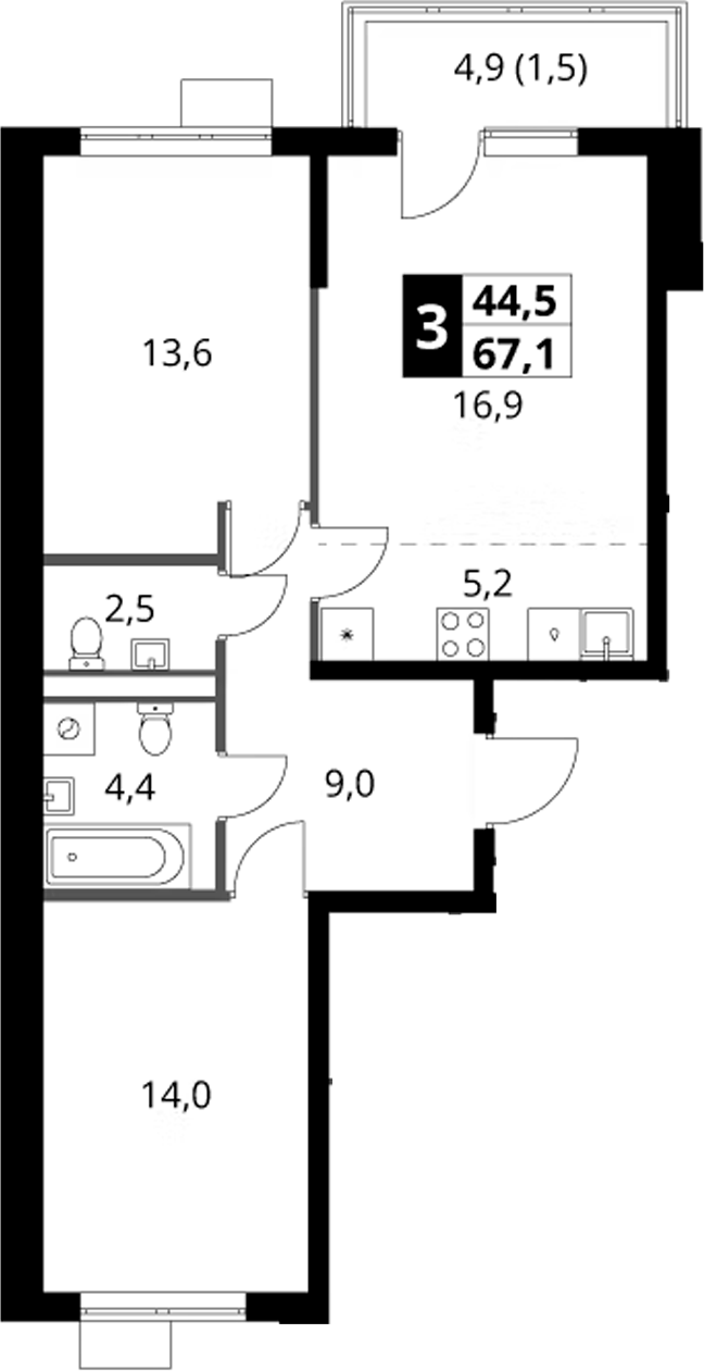 3-комн., 65.6 м², 9/9 этаж, ЖК «1-й Ясеневский»