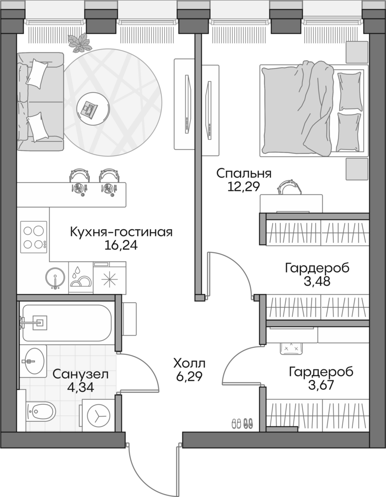 2-комн., 46 м², 2/16 этаж, ЖК «Инсайдер»