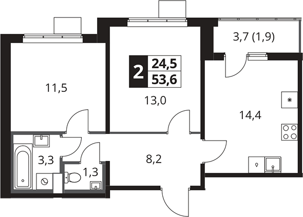 2-комн., 51.7 м², 18/25 этаж, ЖК «1-й Южный»