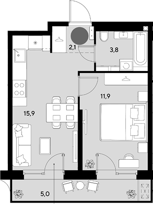 2-комн. квартира, 33.7 м² в ЖК Грейд — фото 2