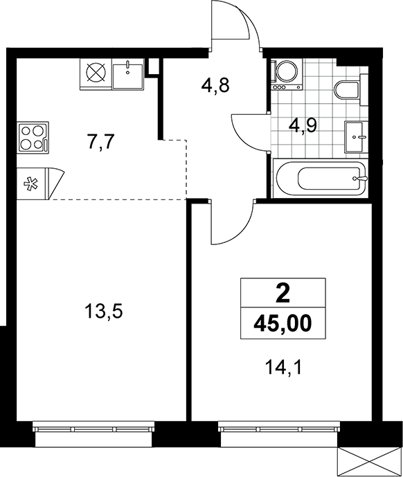 2-комн., 45 м², 2/12 этаж, ЖК «Дзен-кварталы»