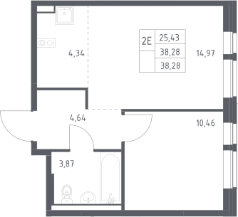 2-комн., 38.28 м², 15/17 этаж, ЖК «Квартал Авиаторов»