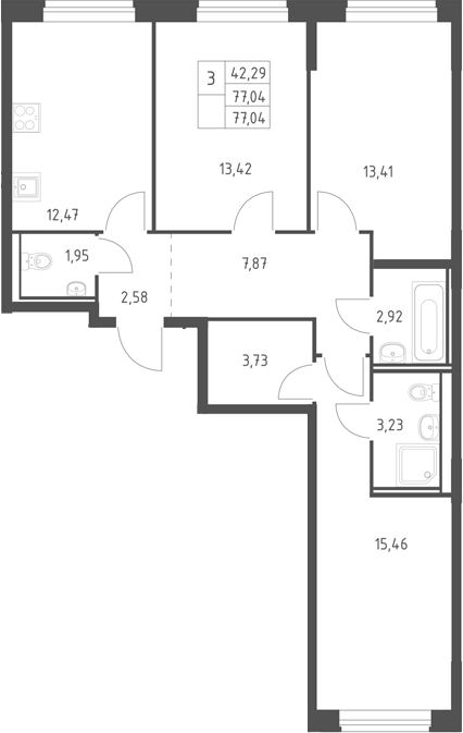 3-комн., 77.04 м², 17/17 этаж, ЖК «Горки Парк»