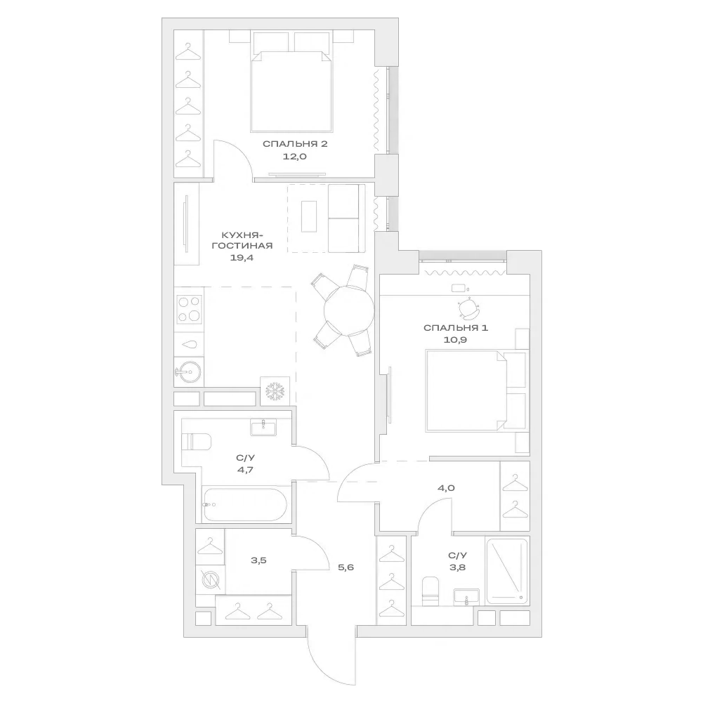 3-комн., 63.9 м², 3/13 этаж, ЖК «Детали»