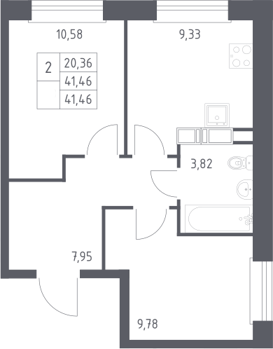 2-комн., 41.46 м², 5/14 этаж, ЖК «ЭкоБунино»