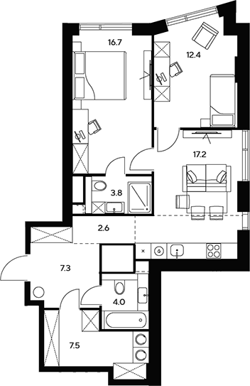 3-комн., 71.5 м², 25/46 этаж, ЖК «НЕКСУС от Аквилон»