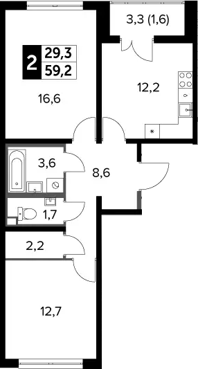 2-комн., 58.6 м², 13/24 этаж, ЖК «Южная Битца»