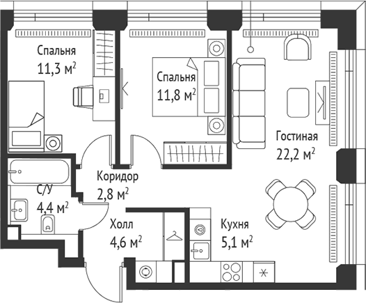 3-комн., 62.2 м², 37/52 этаж, ЖК «СЕТ»