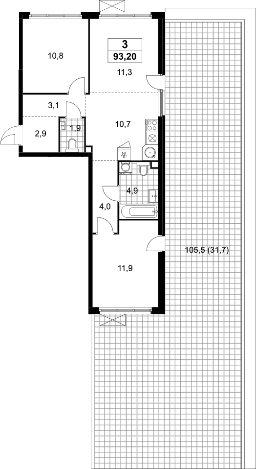 3-комн., 61.5 м², 2/15 этаж, ЖК «Скандинавия»