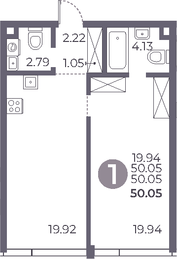 1-комн., 50.05 м², 20/27 этаж, ЖК «Мневники от Гранель»