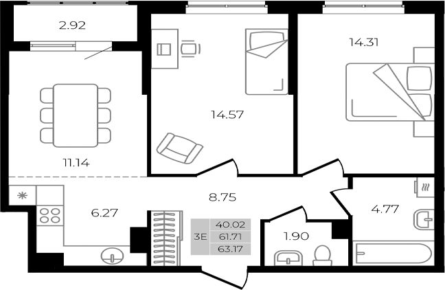 3-комн. квартира, 61.71 м² в ЖК Курортный регион — фото 2