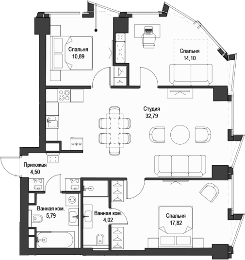 4+ комнаты, 89.91 м², 22/58 этаж, ЖК «Феймос»