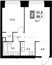 2-комн., 50.1 м², 2/58 этаж, ЖК «Амбер Сити»