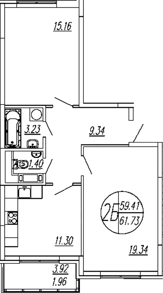 2-комн., 59.77 м², 3/4 этаж, ЖК «Шолохово»