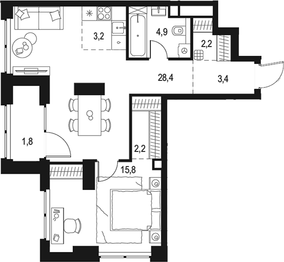 2-комн., 60.1 м², 12/48 этаж, ЖК «Левел Звенигородская»