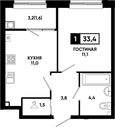 1-комн., 31.8 м², 1/13 этаж, ЖК «Резиденция Софи»