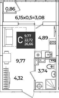 Студия, 22.72 м², 9/18 этаж, ЖК «Образцово»