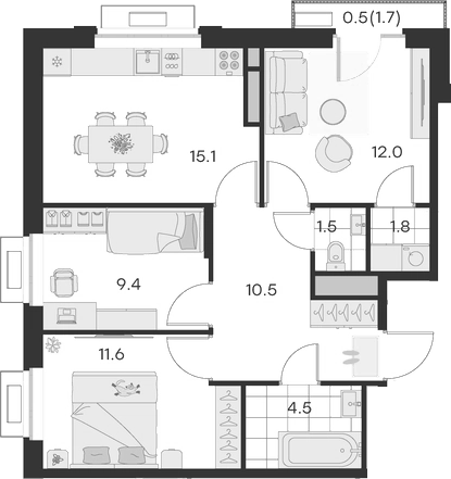 3-комн., 66.3 м², 2/4 этаж, ЖК «Михалевич»