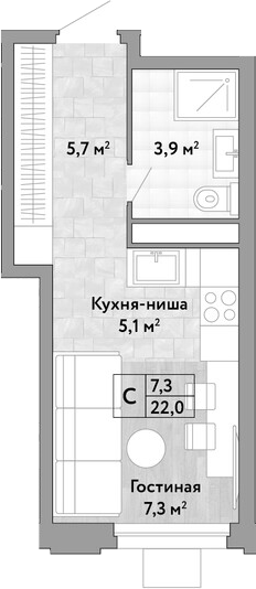 Студия, 22 м², 14/27 этаж, ЖК «Новые Смыслы»