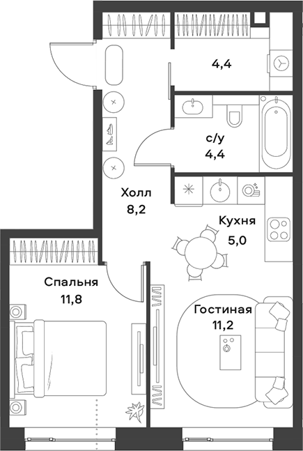 2-комн., 45 м², 4/28 этаж, ЖК «АЛИА»