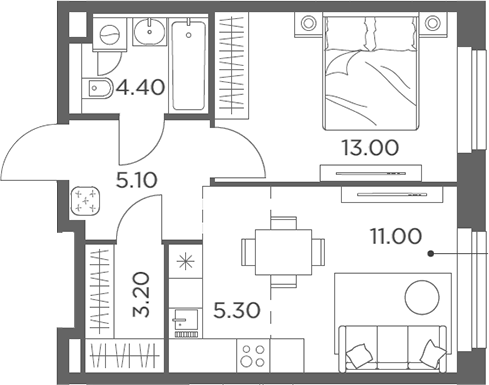 2-комн., 42 м², 18/23 этаж, ЖК «Белый Град»