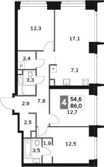 4+ комнаты, 86 м², 13/58 этаж, ЖК «Амбер Сити»