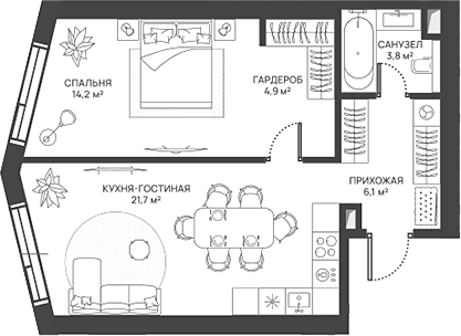 2-комн., 50.7 м², 13/52 этаж, ЖК «СВЕТ»
