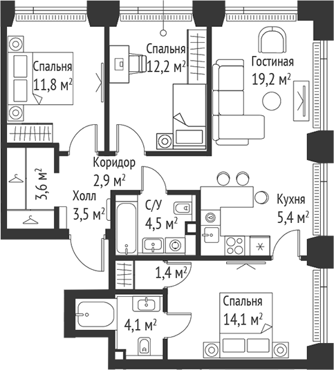 4+ комнаты, 82.8 м², 20/59 этаж, ЖК «СЕТ»