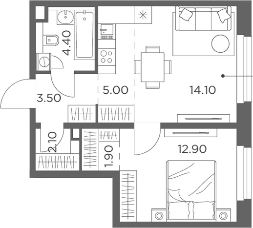 2-комн., 43.9 м², 22/23 этаж, ЖК «Белый Град»
