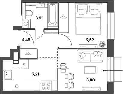 2-комн., 33.92 м², 3/15 этаж, ЖК «Публицист»
