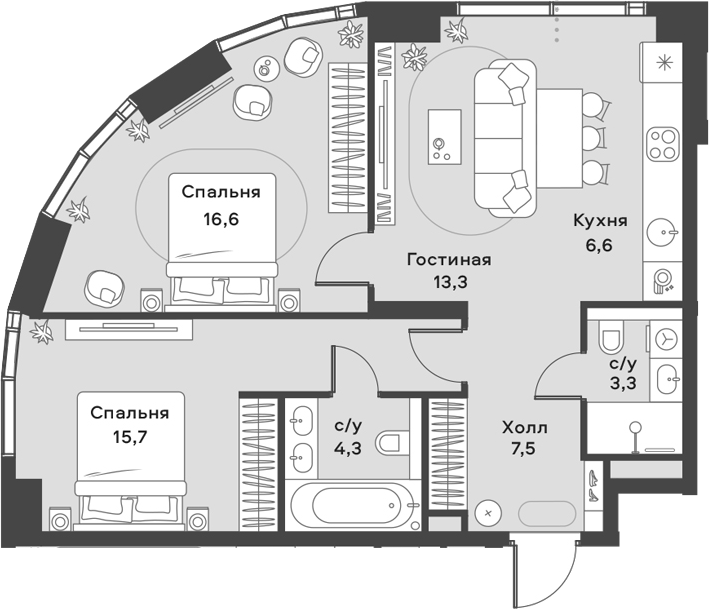 3-комн., 67.3 м², 2/42 этаж, ЖК «АЛИА»