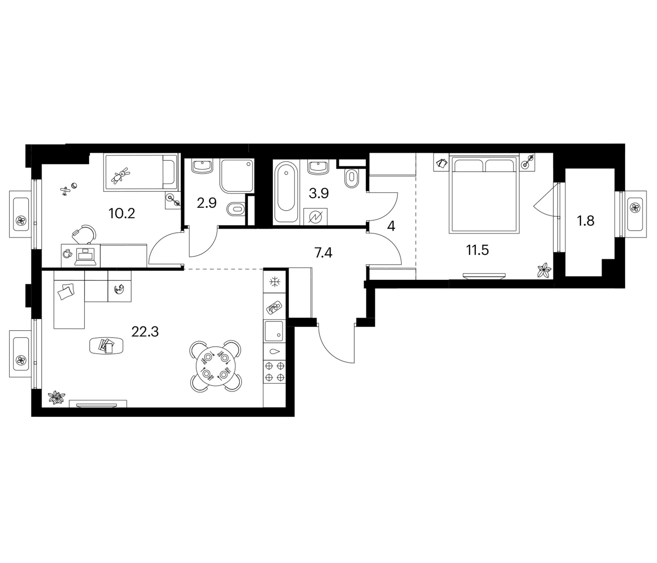 2-комн., 62.2 м², 2/18 этаж, ЖК «Белая Дача парк»