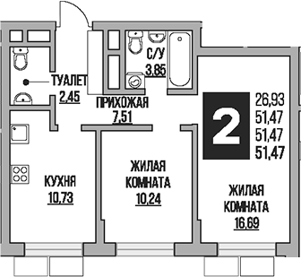 2-комн., 51.47 м², 8/8 этаж, ЖК «Гранель Живописный»